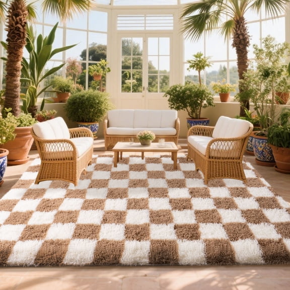 Janvonne Fluffy Checkered Area Rugs for Bedroom,5x7ft Soft Non Skid Easy-care Shaggy Carpets for Living Room, Dorms,Balcony,Garden,Home Decor Aesthetics,Cream white and camel