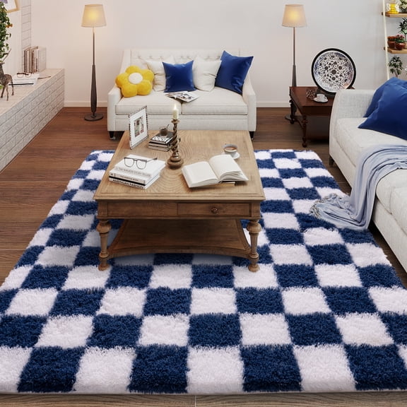 Janvonne Fluffy Checkered Area Rugs for Bedroom,5x7ft Soft Non Skid Easy-care Shaggy Carpets for Living Room, Dorms,Balcony,Garden,Home Decor Aesthetics,White and sandy blue