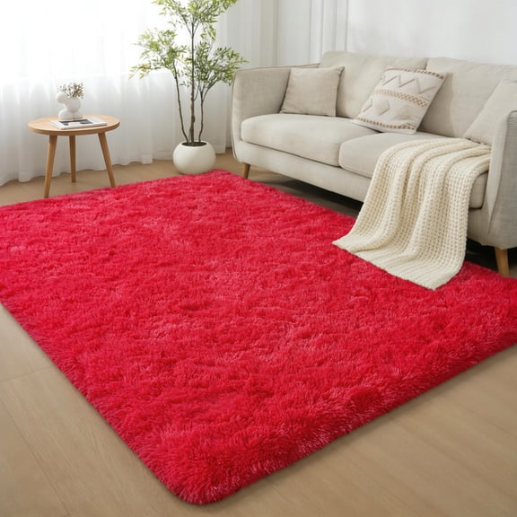 Janvonne Fluffy Red Area Rug for Bedroom Living Room Soft 4x6 Fuzzy Rugs Non-Shedding Indoor Plush Rug for Nursery Kids Room Dorm Room Home Decor, High Pile Shaggy Floor Carpets