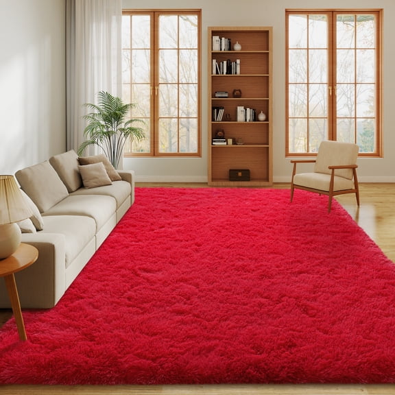 Janvonne Fluffy Red Area Rug for Bedroom Living Room Soft 6x9 Fuzzy Rugs Non-Shedding Indoor Plush Rug for Nursery Kids Room Dorm Room Home Decor, High Pile Shaggy Floor Carpets
