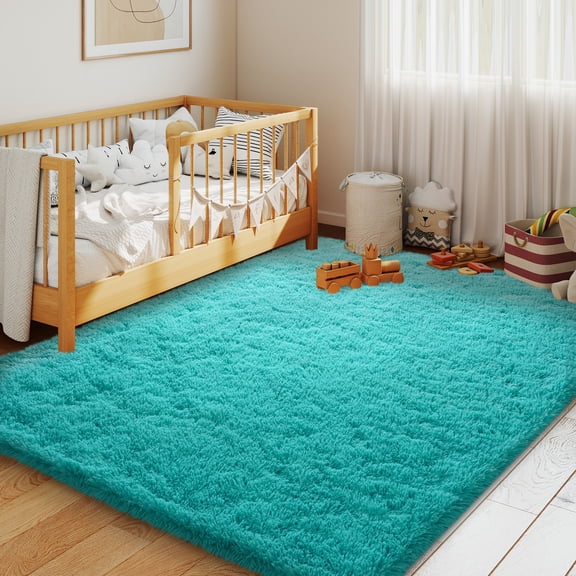 Janvonne Fluffy Teal Blue Area Rug for Bedroom Living Room Soft 4x6 Fuzzy Rugs Non-Shedding Indoor Plush Rug for Nursery Kids Room Dorm Room Home Decor, High Pile Shaggy Floor Carpets