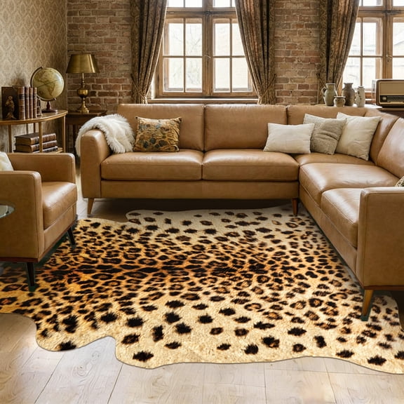 Janvonne Irregular Cow Print Faux Cowhide Area Rug, Non-Slip Washable Animal Print Floor Mat for Living Room Bedroom Cave, 5'x6.2' Irregular Leopard Print