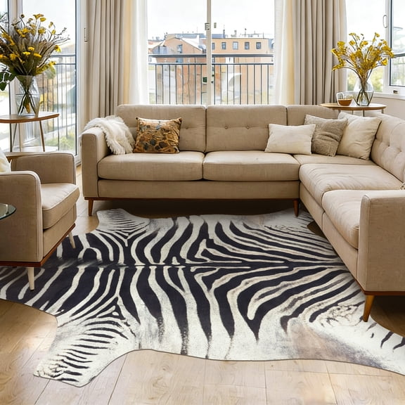 Janvonne Irregular Cow Print Faux Cowhide Area Rug, Non-Slip Washable Animal Print Floor Mat for Living Room Bedroom Cave, 5'x6.2'Irregular Zebra Stripes