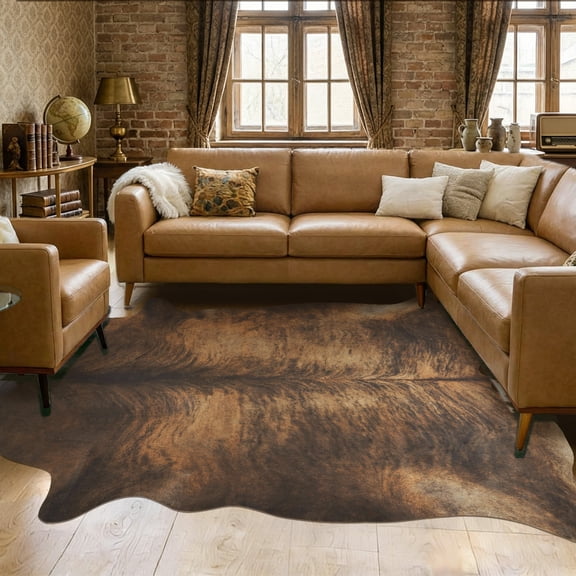 Janvonne Irregular Cow Print Faux Cowhide Area Rug, Non-Slip Washable Animal Print Floor Mat for Living Room Bedroom Cave, 5'x6.2' Reddish Brown Cowhide