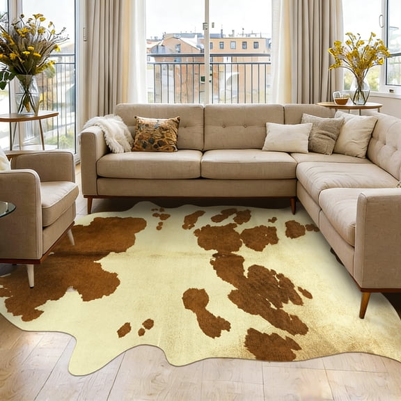 Janvonne Irregular Cow Print Faux Cowhide Area Rug, Non-Slip Washable Animal Print Floor Mat for Living Room Bedroom Cave, 5'x6.2' Yellow and White Spotted Cowhide