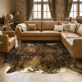 Janvonne Irregular Cow Print Faux Cowhide Area Rug, Non-Slip Washable Animal Print Floor Mat for Living Room Bedroom Cave, 5'x6.2' Dark Brown Cowhide