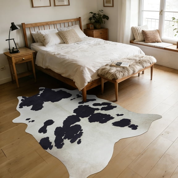 Janvonne Irregular Cow Print Faux Cowhide Area Rug, Non-Slip Washable Animal Print Floor Mat for Living Room Bedroom Cave, 5'x6.2'Spotted Cow