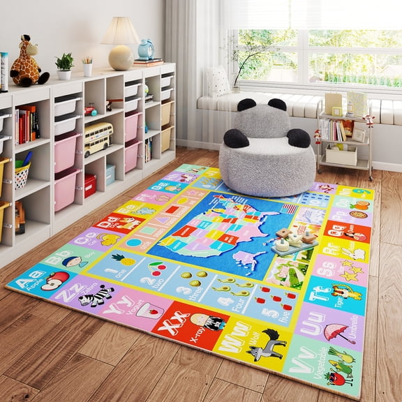 Janvonne Kids Educational Area Rug for Learning USA Map,Alphabet, Numbers, Colors, Season,Non-Slip Machine washable Carpet for Nursery, Playroom,4x5ft
