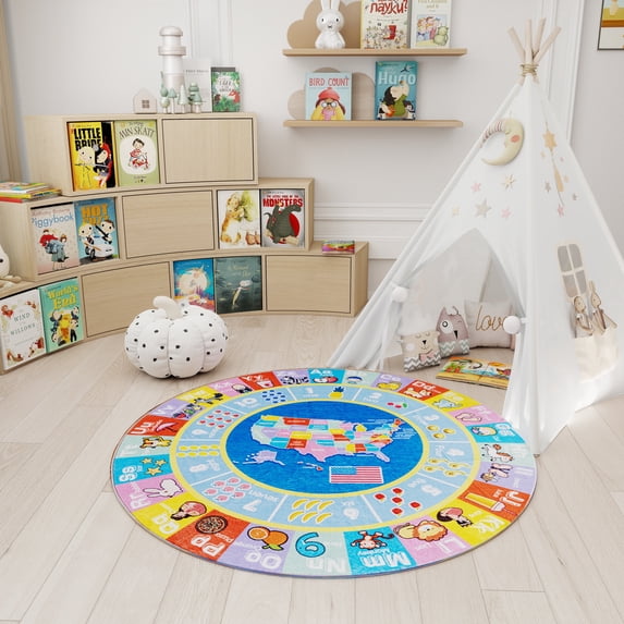 Janvonne Kids Educational Area Rug for Learning USA Map,Alphabet, Numbers, Colors, Season ,Non-Slip Machine washable Carpet for Nursery, Playroom,40in