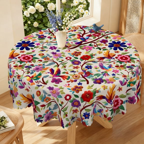 Janvonne Mexican Style Floral Bird Round Tablecloth for Kitchen Dining, Spring Summer Decorative Tablecloth, Waterproof & Stain Resistant 60in