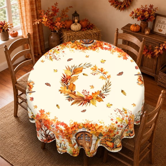 Janvonne Round Autumn Farmhouse Tablecloth, 70"x70" Pumpkin Maple Leaf, Thanksgiving Harvest Decor Table Cloth for Dining Room, Fall Party Indoor Outdoor