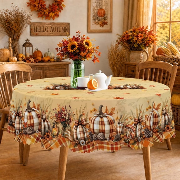 Janvonne Round Pumpkin Tablecloth, 60"x60" Vintage Fall Maple Leaf Table Cover, Farmhouse Thanksgiving Harvest Table Cloth for Dining, Autumn Party Indoor Outdoor Decor