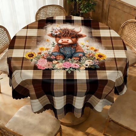 Janvonne Rustic Country Style Round Tablecloth 60" Highl and Cow Farmhouse Plaid Machine washable High Quality Table Cover for Kitchen, Dining, Picnic