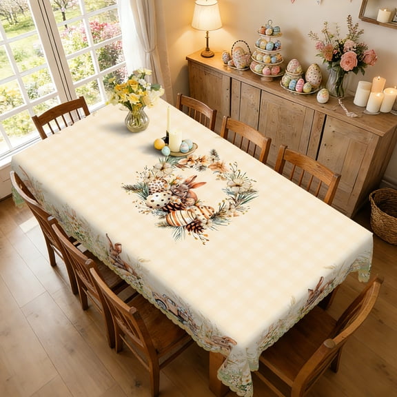 Janvonne Rustic Easter Bunny & Egg Wreath Rectangular Tablecloth, 60x86" Farmhouse Truck & Floral Tablecloth for Spring Holiday