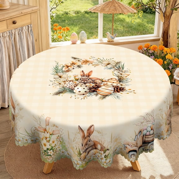 Janvonne Rustic Easter Bunny & Egg Wreath Round Tablecloth, Farmhouse Truck & Floral Tablecloth for Spring Holiday, 60 Inch