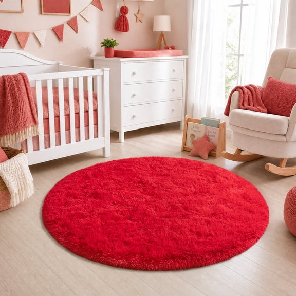 Janvonne Soft Fluffy Round Rug, 3ft Non Slip Warm Comfort Shaggy Circle Carpet for Living Room Bedroom Nursery, Home Decor, Red
