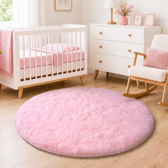 Janvonne Soft Fluffy Round Rug, 4ft Non Slip Warm Comfort Shaggy Circle Carpet for Living Room Girls Room Nursery, Home Decor, Pink