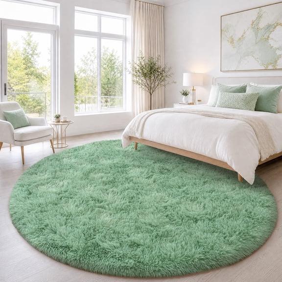 Janvonne Soft Fluffy Round Rug, 6ft Non Slip Warm Comfort Shaggy Circle Carpet for Living Room Bedroom Nursery, Home Decor, Mint Green