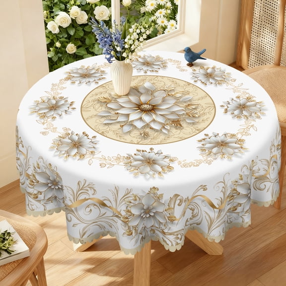 Janvonne Spring Luxury White and Gold Floral Round Tablecloth 60in, Waterproof & Stain Resistant, Perfect for Easter, Spring Brunch, Wedding, and Formal Dining Decor