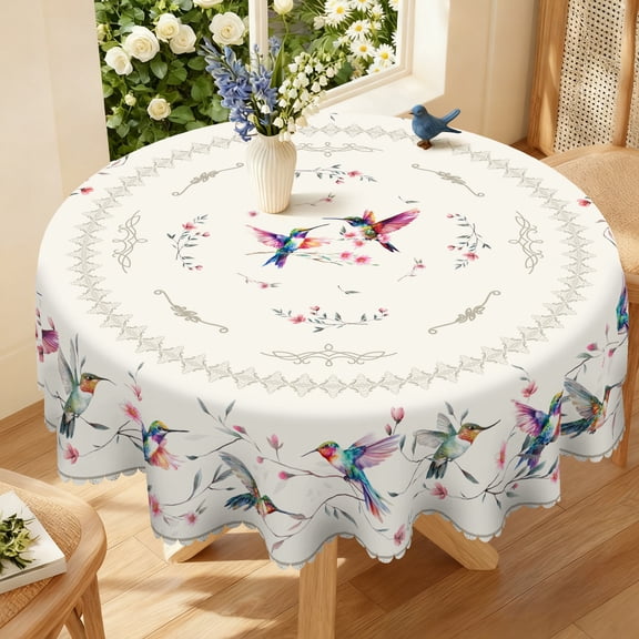 Janvonne Spring Round Tablecloth -Watercolor bird Floral, Waterproof & Stain Resistant, Washable Table Cover for Kitchen Dining, Spring Summer Home Decor, 60in