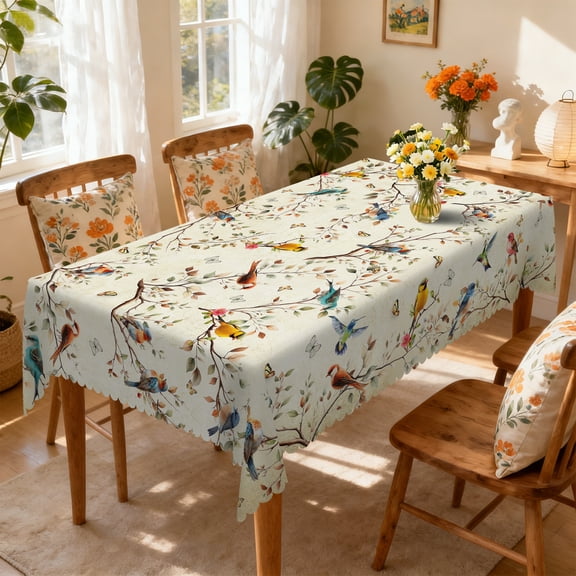 Janvonne Vintage Birds & Butterflies Rectangular Tablecloth 60x86 Inch, Waterproof Spring Floral Bird Table Cover for Kitchen Dining, Patio and Home Decor