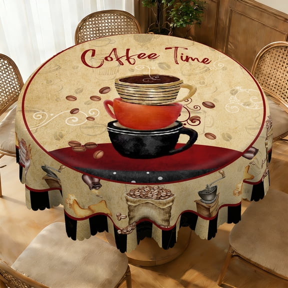 Janvonne Vintage Coffee Time Round Tablecloth - 60"Retro Coffee Cup & Bean Designfor Kitchen & Coffee Bar Decor, Machine washable