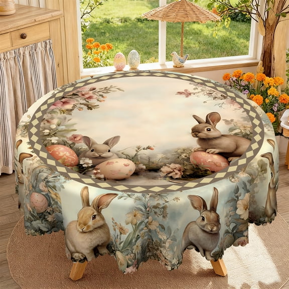Janvonne Vintage Easter Bunny Floral Round Tablecloth, Egg & Flower Table Cover for Spring Holiday,Dining Table and Outdoor Picnic 60 Inch