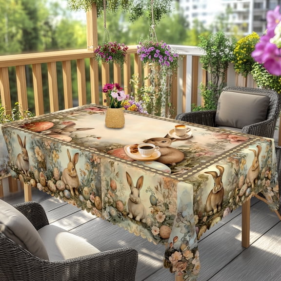 Janvonne Vintage Easter Rectangular Tablecloth, Egg & Flower Tablecloth for Spring Holiday,Dining Table and Outdoor Picnic 60x86"