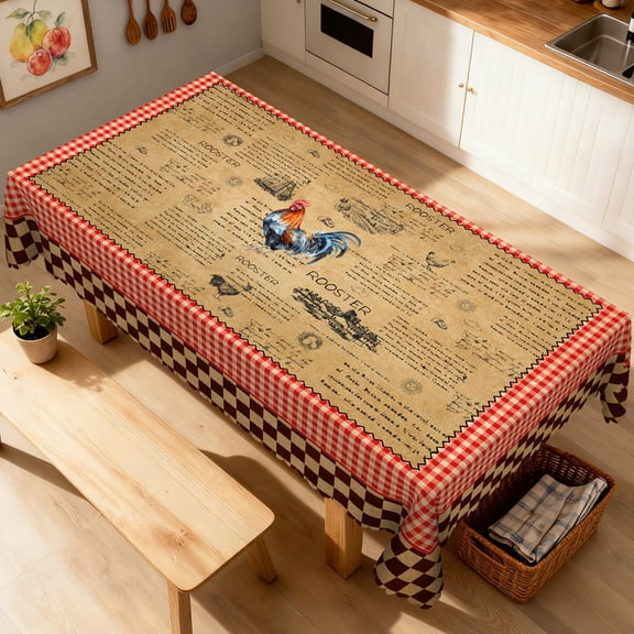 Janvonne Vintage Rooster Tablecloth, Rectangular 55x70 Inch, Red Gingham & Checkered Border Farmhouse Table Cover, Waterproof Stain Resistant for Rustic Country Kitchen & Dining Decor