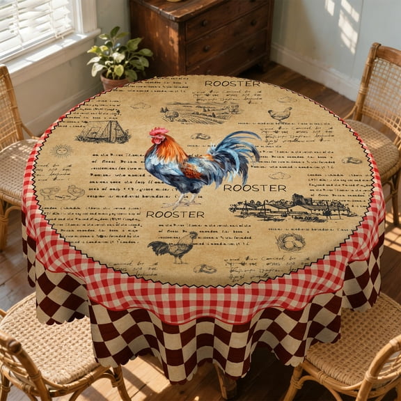 Janvonne Vintage Rooster Tablecloth, Round 60 Inch, Red Gingham & Checkered Border Farmhouse Table Cover, Waterproof Stain Resistant for Rustic Country Kitchen & Dining Decor