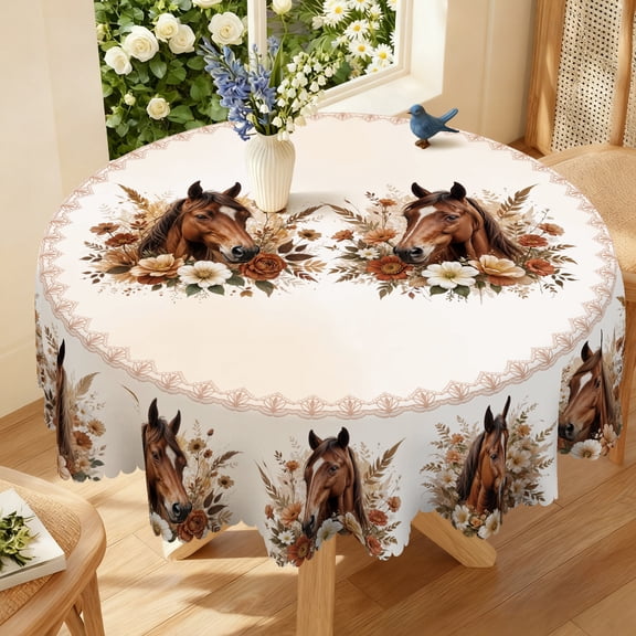 Janvonne Vintage Spring Round Tablecloth,60in Farmhouse Floral Equestrian Table Cover - Waterproof, Stain Resistant and Washable for Dining Room, Kitchen, Rustic Home Decor