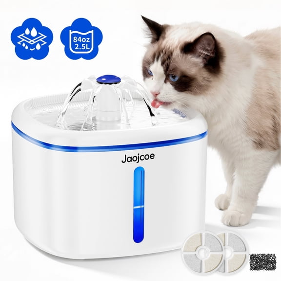 Jaojcoe Petal Flow Cat Water Fountain, 2.5L/84 oz, Dual Flow Modes, 5-Stage Filtration, White