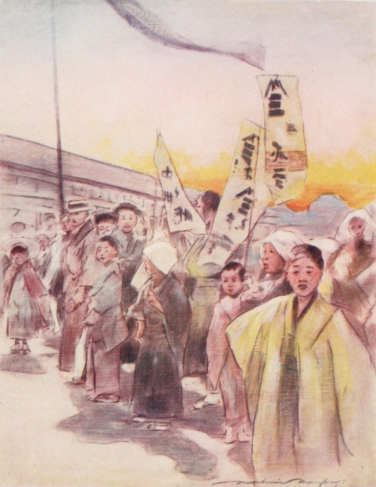 Japan 1901 Flying banners Canvas Art - Mortimer Menpes (24 x 36)