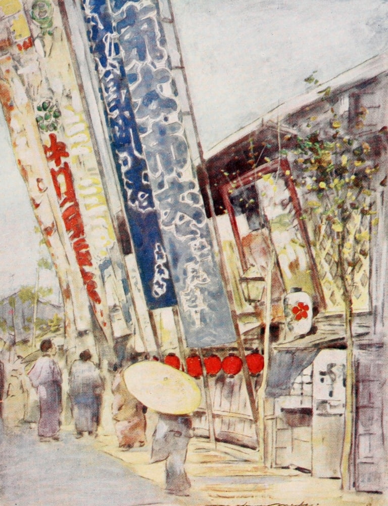 Japan 1901 In theatre street Canvas Art - Mortimer Menpes (24 x 36)