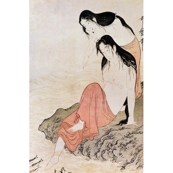 Japan Abalone Divers. Ntwo Women Abalone Divers Preparing For Their Next Dive. Woodblock Print By Kitagawa Utamaro