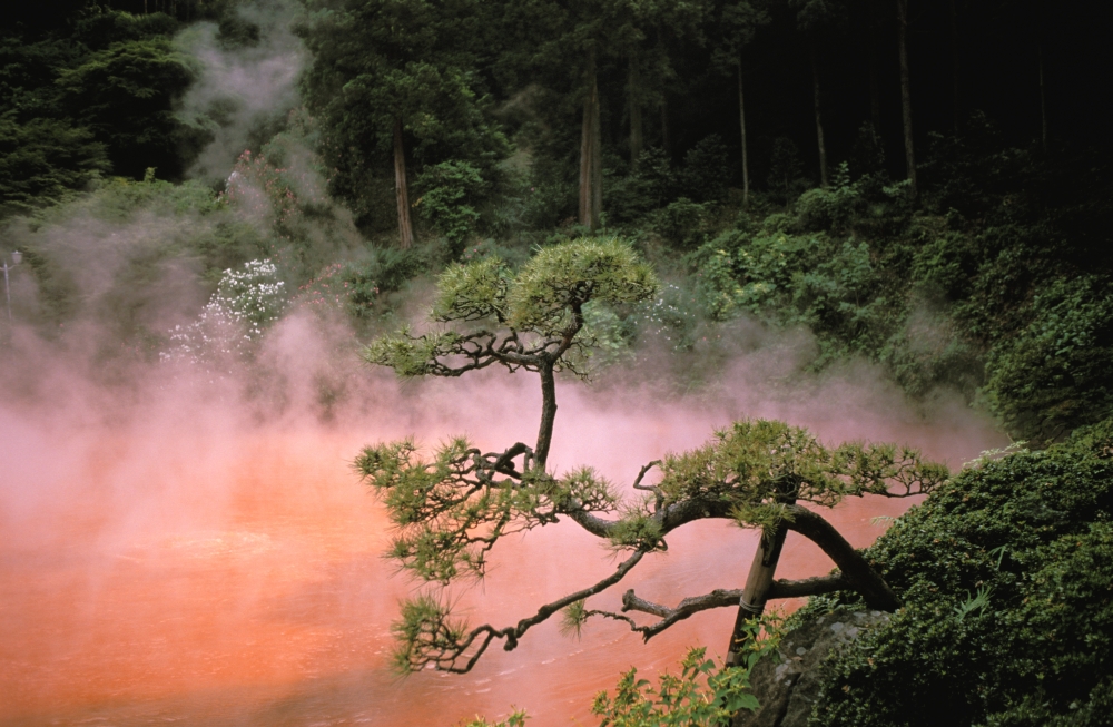 Japan Beppu Kyushu Mist From Chinoike Jigoku (Blood Pond Hell) Red Volcanic Pool Canvas Art - Rita Ariyoshi Design Pics (34 x 22)