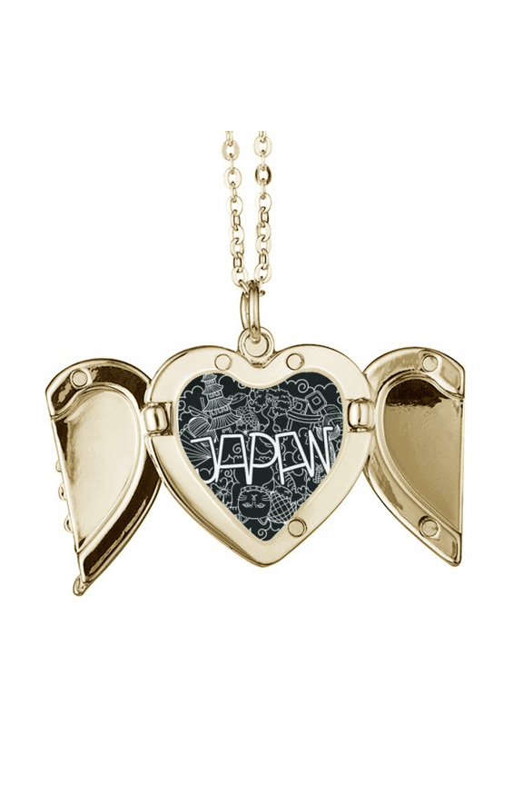 Japan Black White Temple Lucky Cat Folded Wings Peach Heart Pendant Necklace