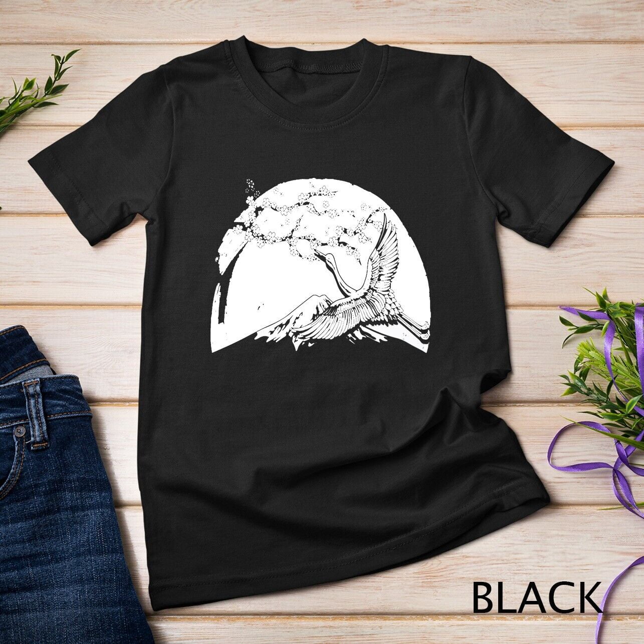 Tree Crain Japan Crane Stork Sakura Cherry Blossom Tree Japanese Art Unisex T ...