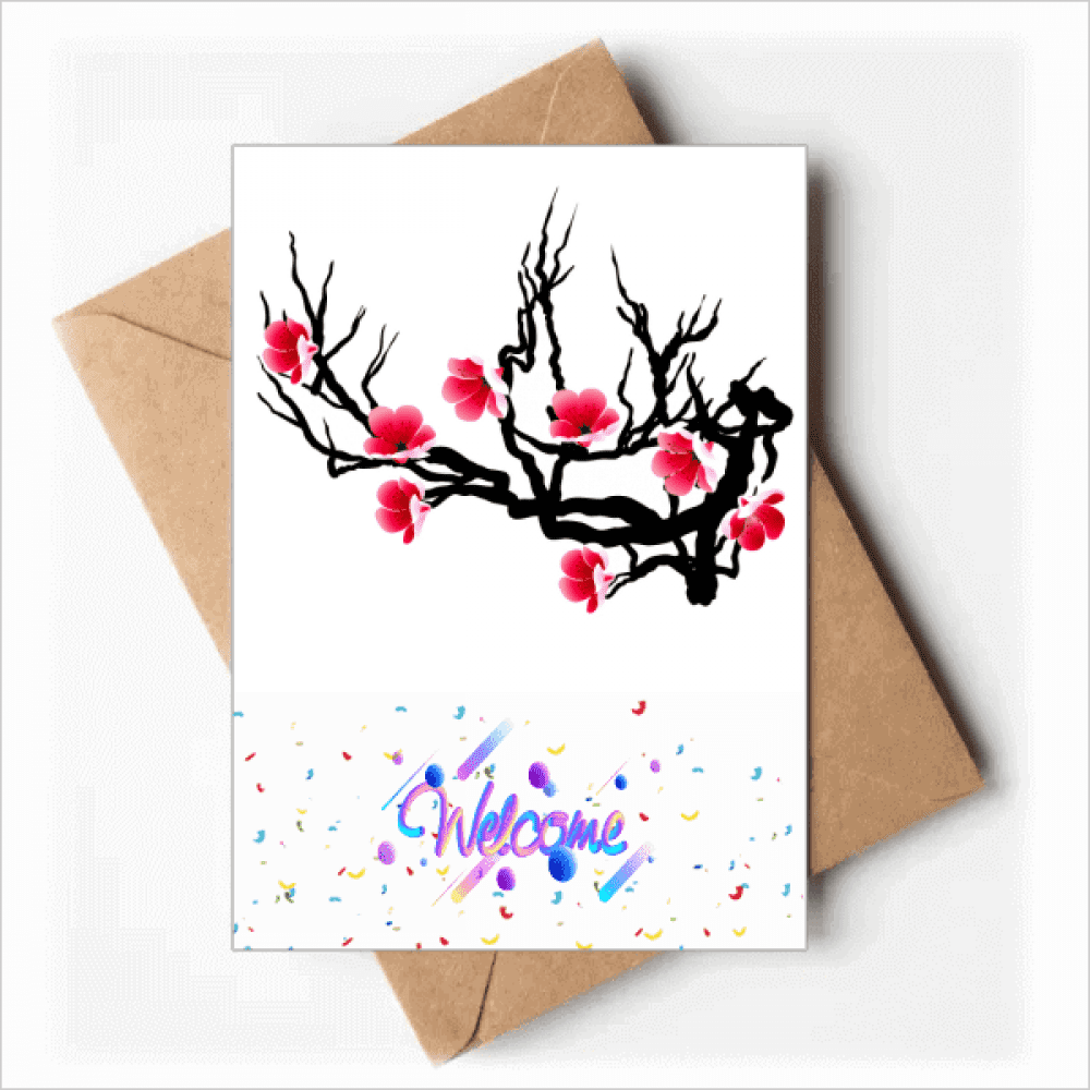 Japan Culture Red Black Sakura Pattern Welcome Back Greeting Cards Envelopes Blank