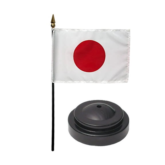 Japan Desk Flag with Base; American Made Rayon 4x6 inch Miniature Table Set Includes One Small Mini Country Stick Flags and One Black Stand (Japan Desk Flag and Base)