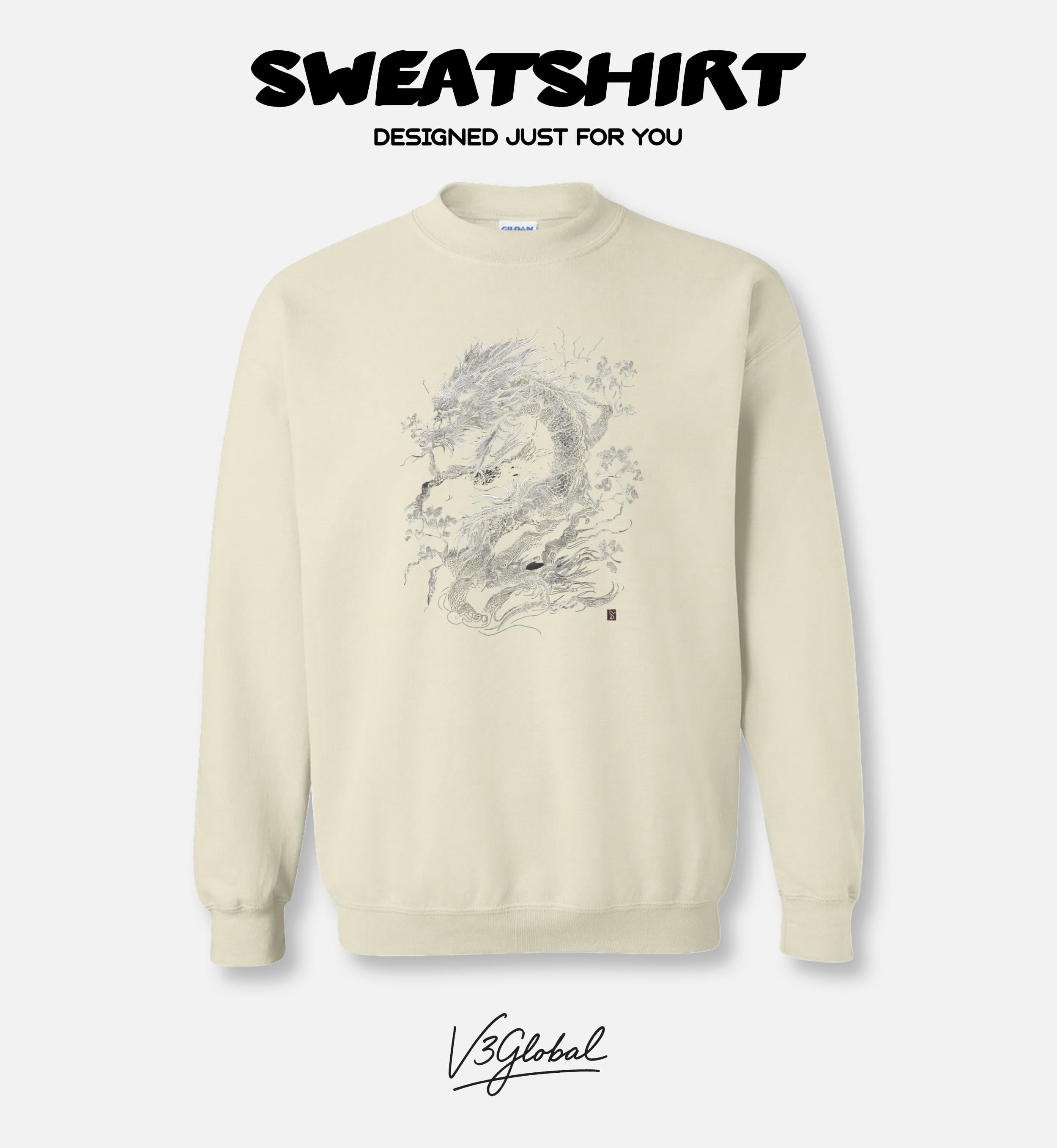 Gold Janpanese Dragon Print Men's Sweatshirt