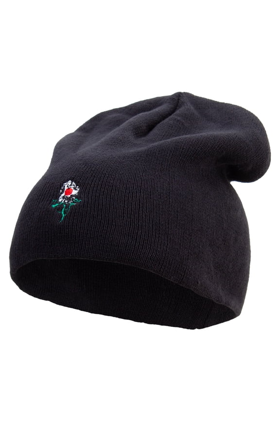 Japan Flag Rose Embroidered Big Size Superior Cotton Short Knit Beanie - Black XL-3XL