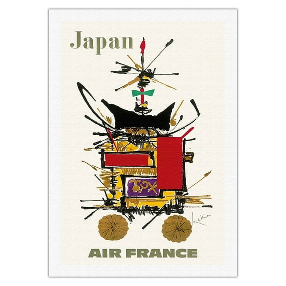 Japan - France - Abstract Japanese Temple - Vintage Airline Travel Poster by Georges Mathieu c.1968 - Fine Art Rolled Canvas Print 27in x 40in