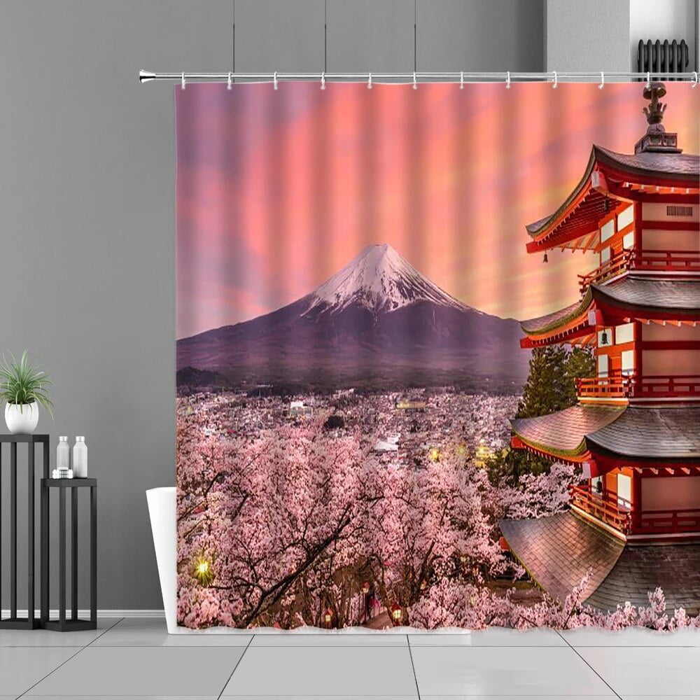 Japan Fuji Cherry Blossoms Flowers Scenery Shower Curtains Spring ...