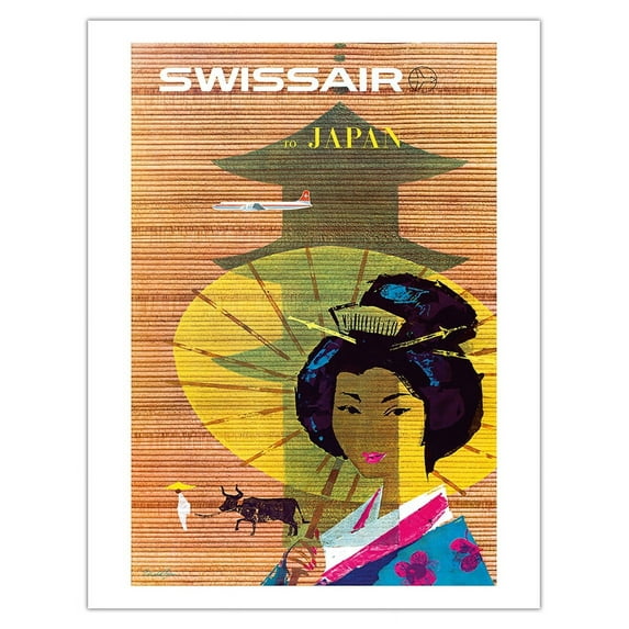 Japan - Geisha Girl - Swissair - Vintage Airline Travel Poster by Donald Brun c.1958 - Fine Art Matte Paper Print (Unframed) 20x26in