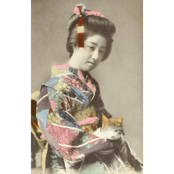 Japan - Geisha Girl With Cat Poster Print By Mary Evans Grenville Collins Postcard Collection