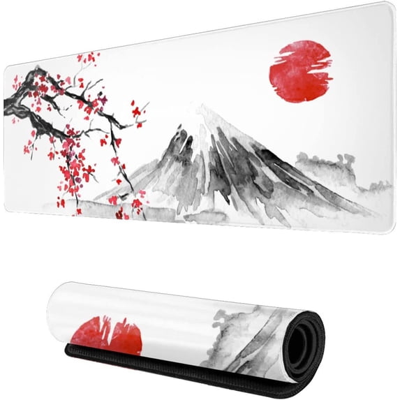 Japan Ink Painting Fuji Mountain Sakura Sun Gaming Mouse Pad XL, Extended Stitched Edges Mousepad,Large Mouse Mat Desk Pad, Long Non Slip Rubber Base Mice Pad(31.5 X 11.8 Inch)