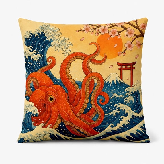 Japan-Inspired Scenic Throw Pillow Cover, Waves Mountain Pagoda Decor, 18 x 18 in - Cozy Patch Home