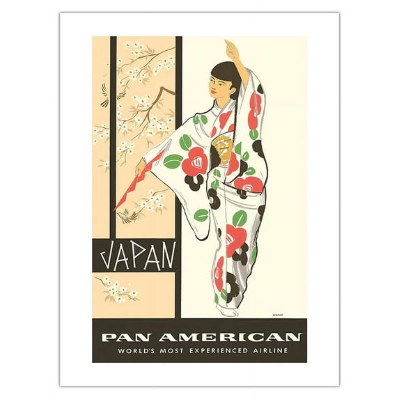 Japan - Japanese Geisha Dancer in Kimono - Vintage Airline Travel Poster by Aaron Amspoker c.1950s - Fine Art Matte Paper Print (Unframed) 18x24in