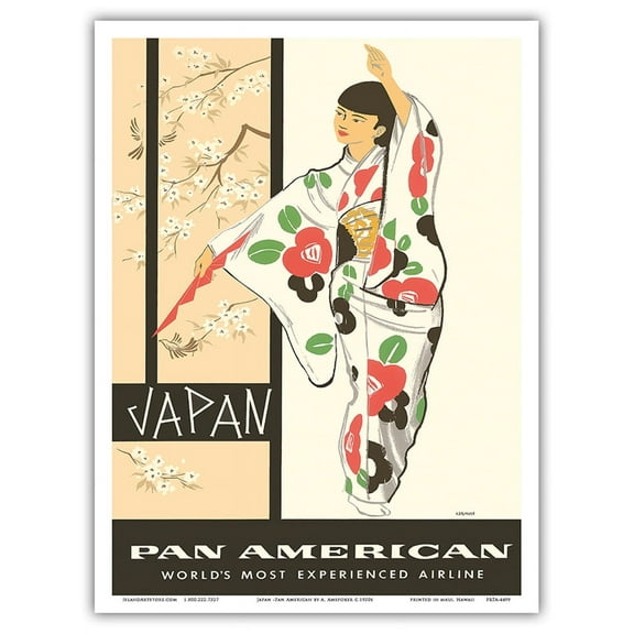 Japan - Japanese Geisha Dancer in Kimono - Pan American World Airways - Vintage Airline Travel Poster by Aaron Amspoker c.1950s - Master Art Print (Unframed) 9in x 12in